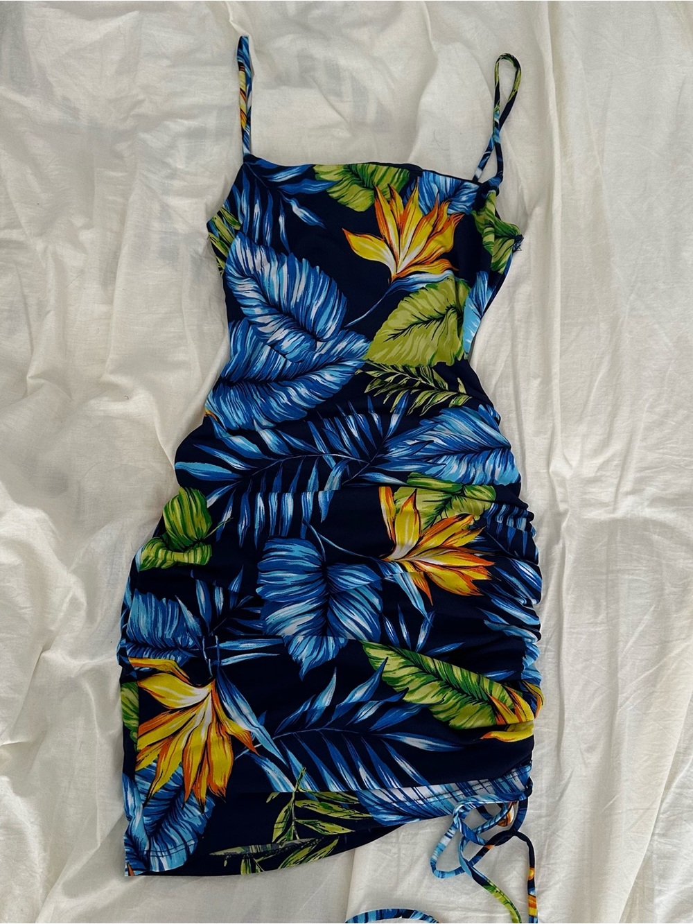 Tropical Floral Ruched Mini Dress - Navy/Blue/Green